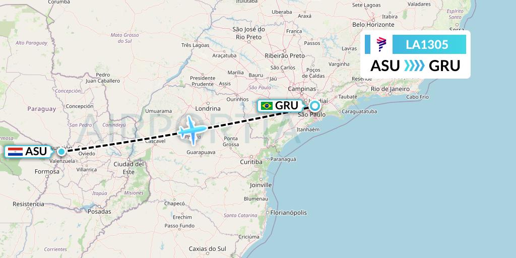 LA1305 LAN Airlines Flight Map: Asuncion to Sao Paulo