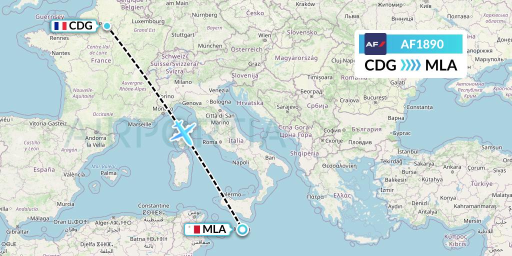 AF1890 Air France Flight Map: Paris to Malta