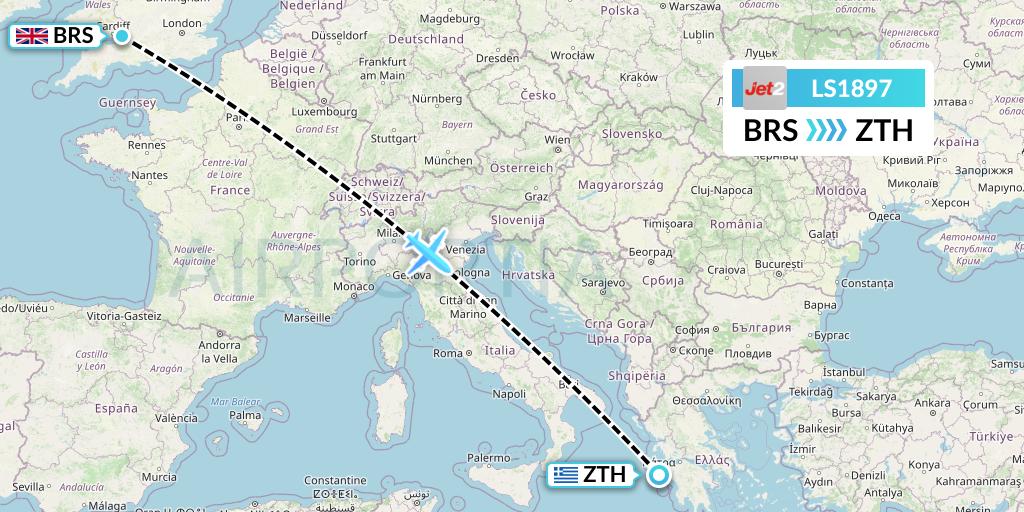 LS1897 Jet2 Flight Map: Bristol to Zakynthos