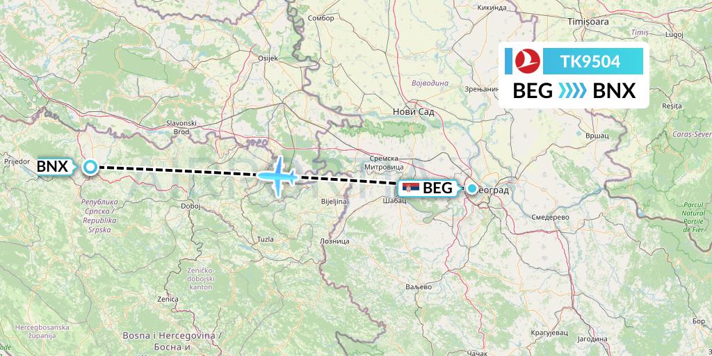TK9504 Turkish Airlines Flight Map: Belgrade to Banja Luka
