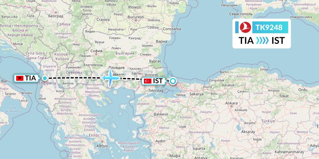 TK9248 Turkish Airlines Flight Map: Tirana to Istanbul