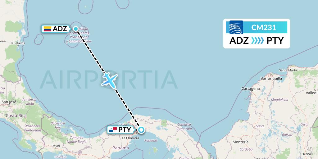 CM231 Copa Airlines Flight Map: San Andres Island to Panama City