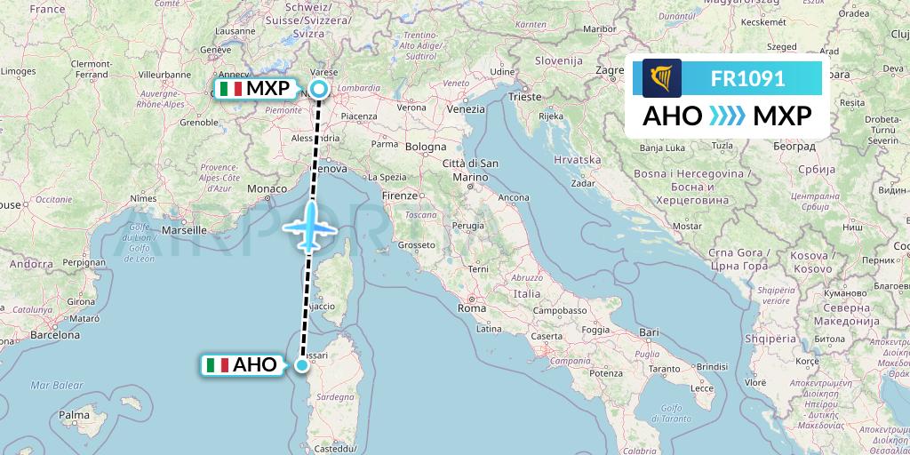 FR1091 Ryanair Flight Map: Alghero to Milan