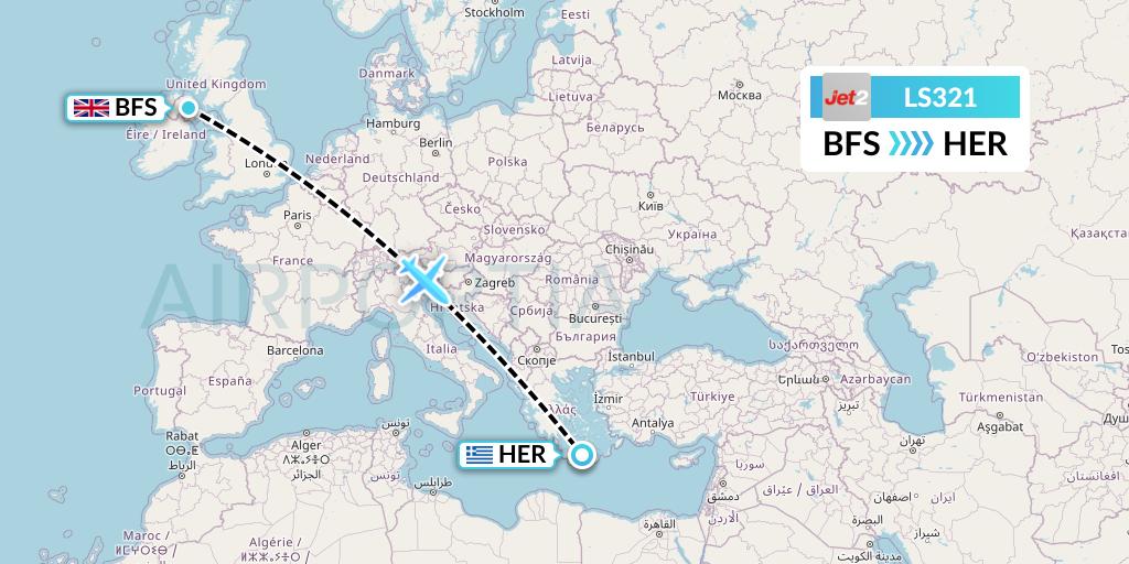 LS321 Jet2 Flight Map: Belfast to Heraklion