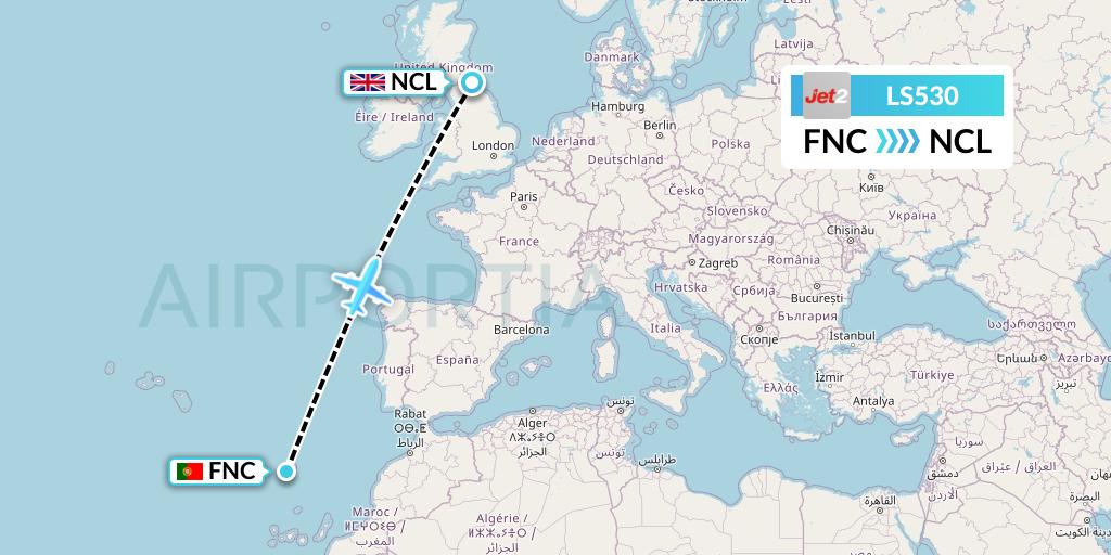 LS530 Jet2 Flight Map: Funchal to Newcastle