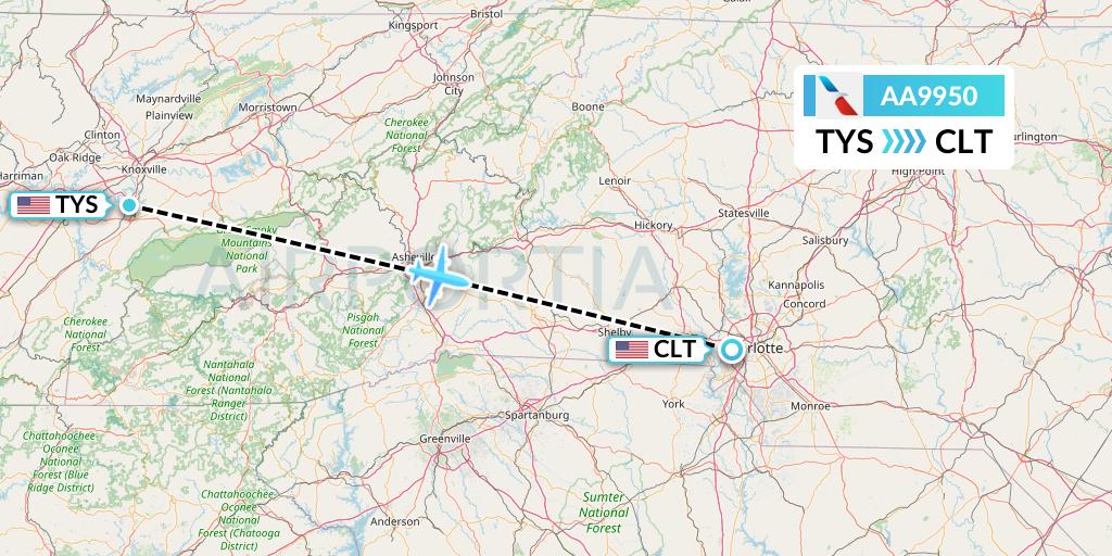 AA9950 American Airlines Flight Map: Knoxville to Charlotte