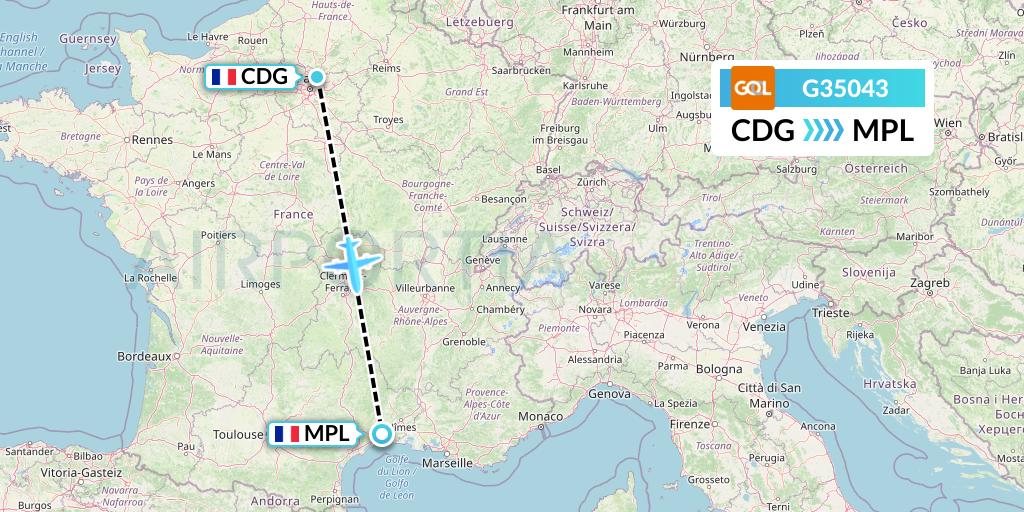 G35043 GOL Transportes Aeros Flight Map: Paris to Montpellier