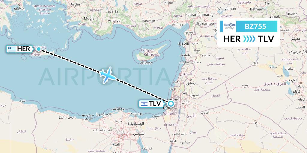 BZ755 Bluebird Airways Flight Map: Heraklion to Tel Aviv