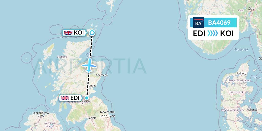 BA4069 British Airways Flight Map: Edinburgh to Kirkwall