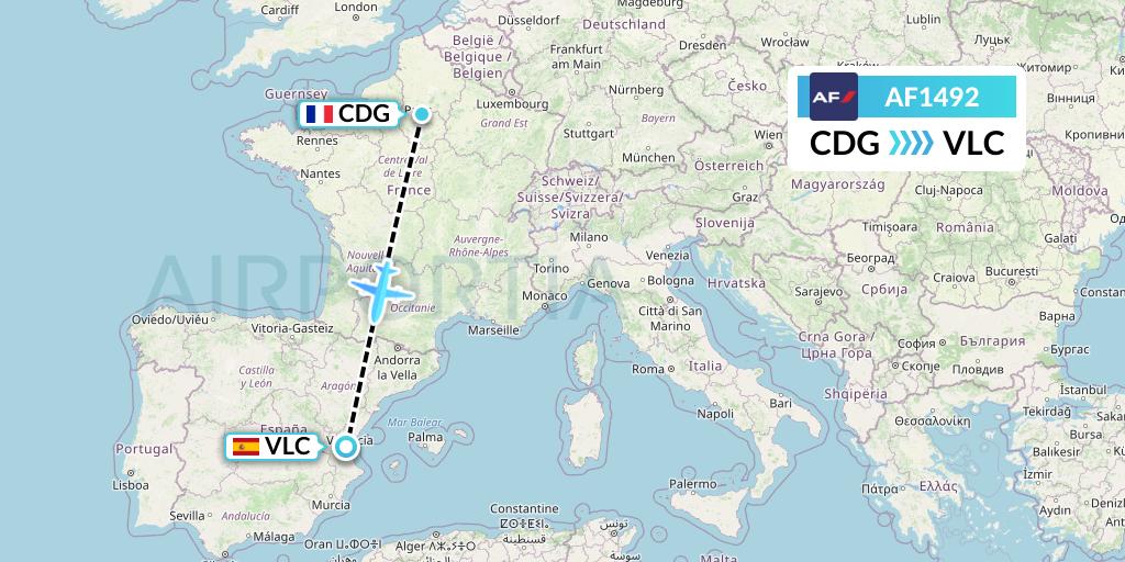 AF1492 Air France Flight Map: Paris to Valencia