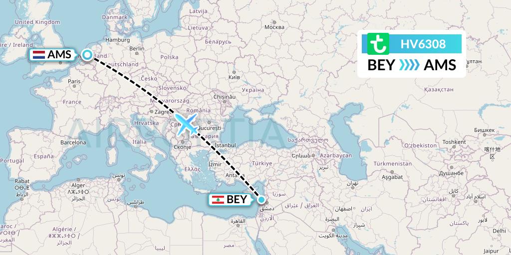 HV6308 Transavia Flight Map: Beirut to Amsterdam