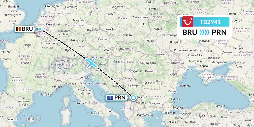 TB2941 TUI fly Belgium Flight Map: Brussels to Pristina