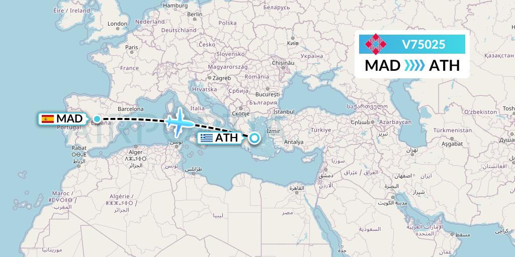 V75025 Volotea Flight Map: Madrid to Athens
