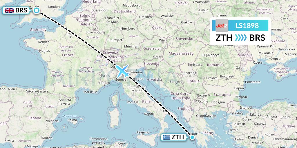 LS1898 Jet2 Flight Map: Zakynthos to Bristol