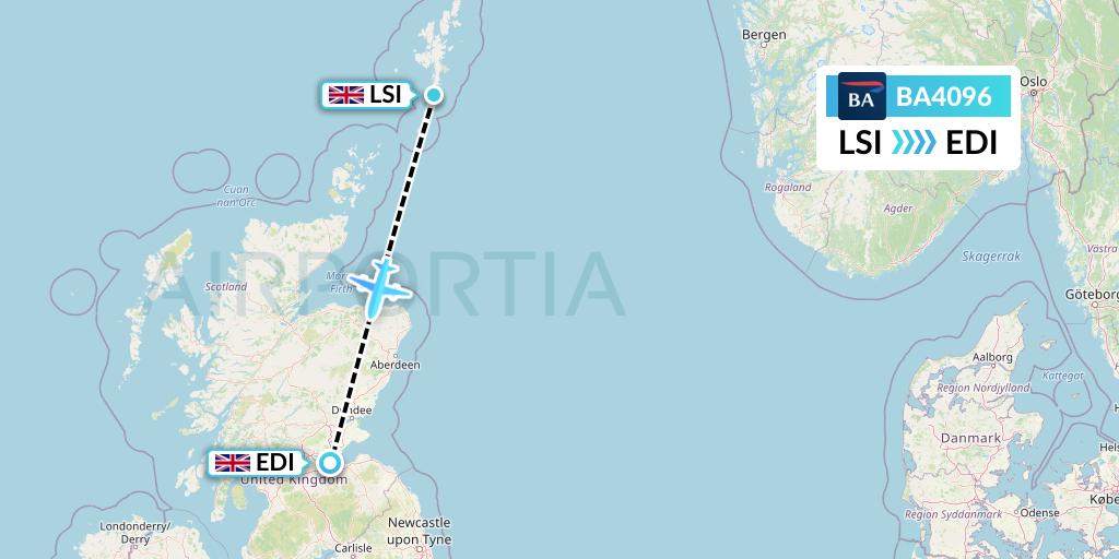 BA4096 British Airways Flight Map: Sumburgh to Edinburgh