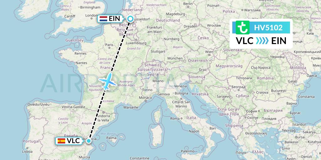 HV5102 Transavia Flight Map: Valencia to Eindhoven