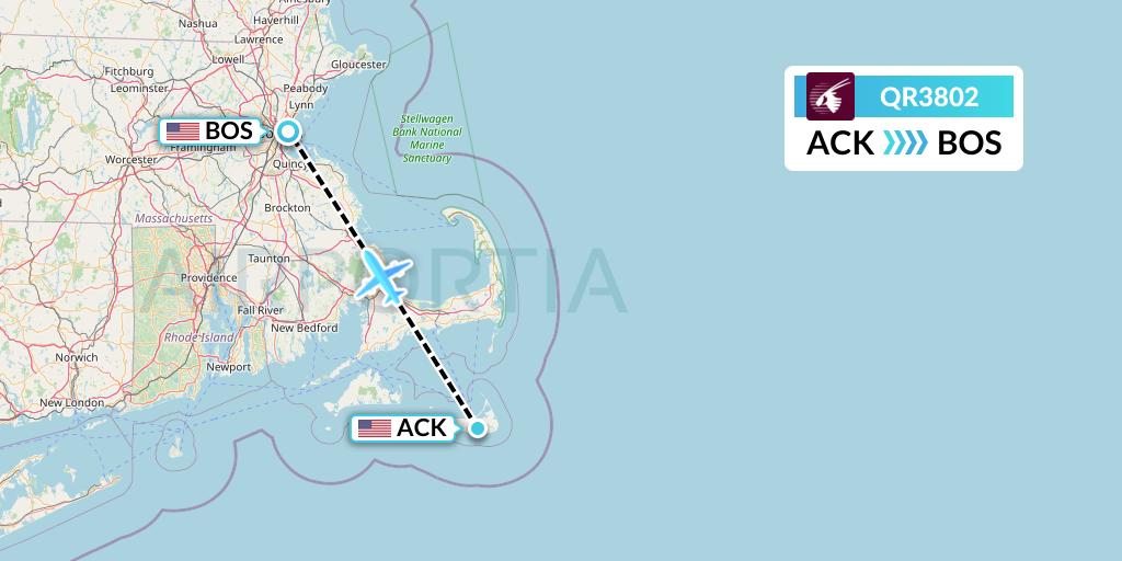 QR3802 Qatar Airways Flight Map: Nantucket to Boston