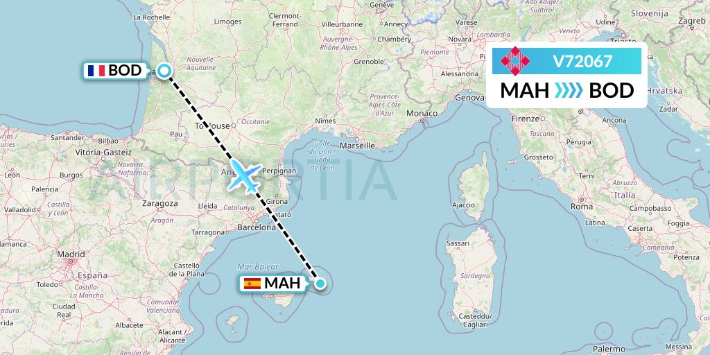 V72067 Volotea Flight Map: Mahon to Bordeaux