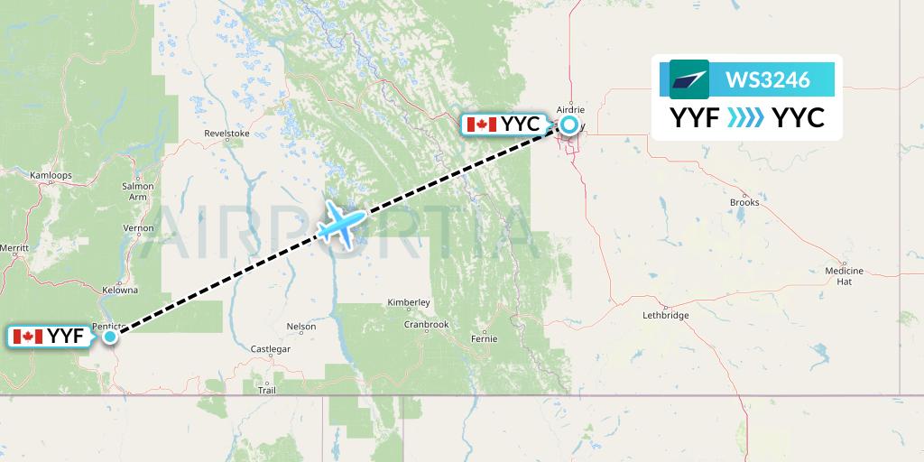WS3246 WestJet Flight Map: Penticton to Calgary