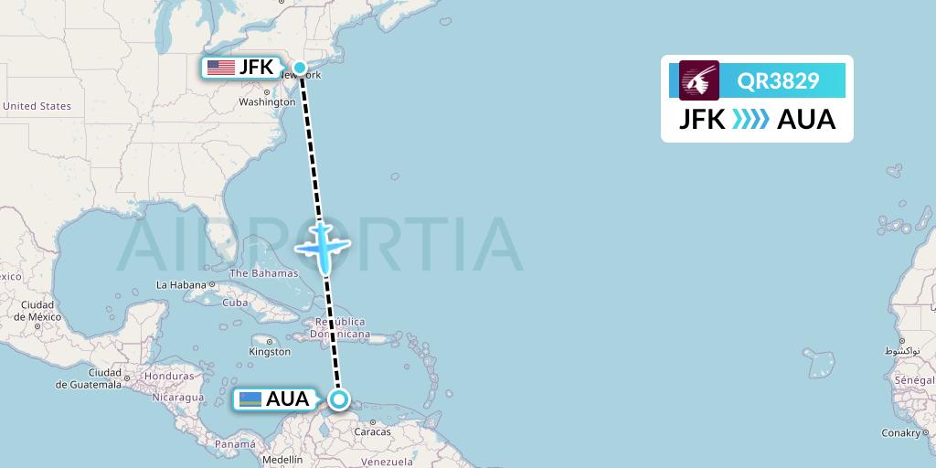 QR3829 Qatar Airways Flight Map: New York to Oranjestad