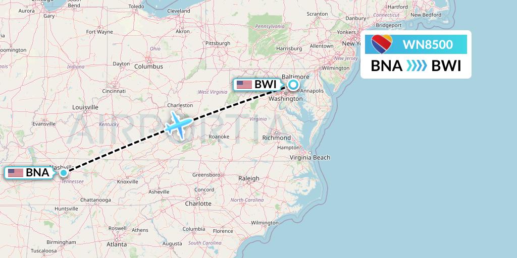 WN8500 Southwest Airlines Flight Map: Nashville to Baltimore