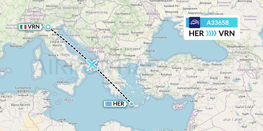 A33658 Aegean Airlines Flight Map: Heraklion to Verona