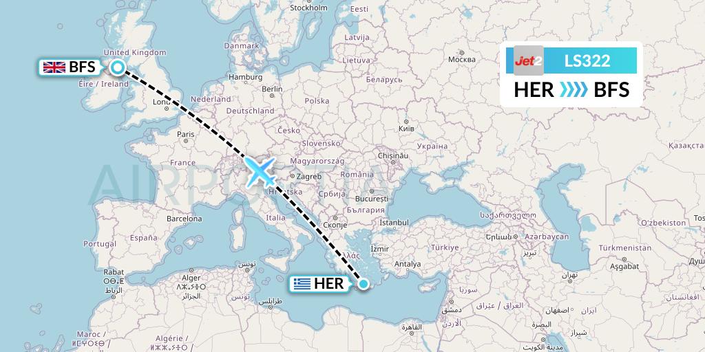 LS322 Jet2 Flight Map: Heraklion to Belfast