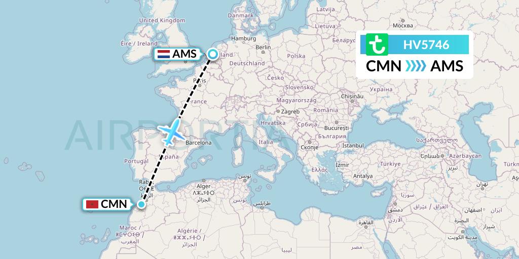 HV5746 Transavia Flight Map: Casablanca to Amsterdam