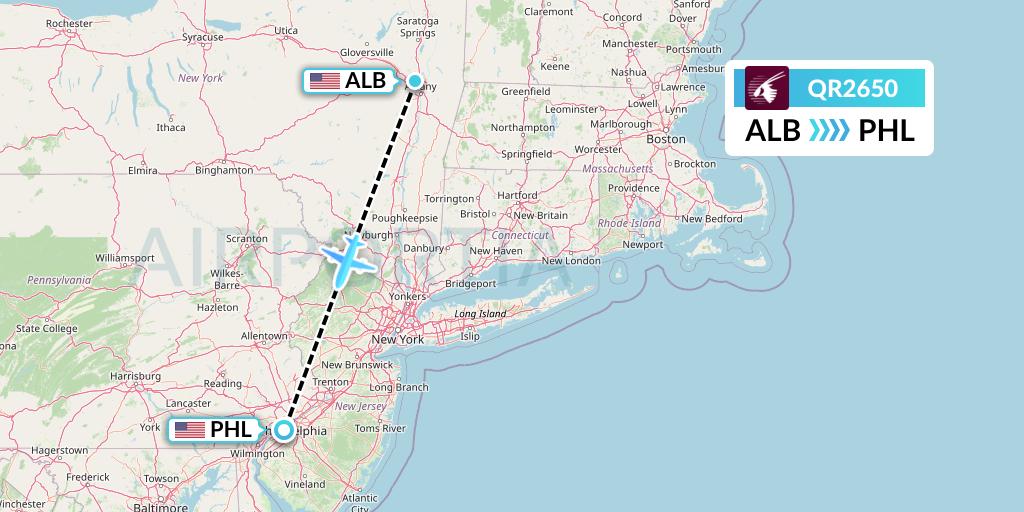 QR2650 Qatar Airways Flight Map: Albany to Philadelphia