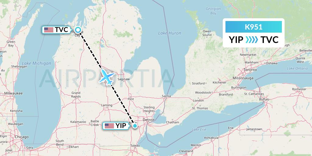 K951 Kalitta Charters Flight Map: Detroit to Traverse City