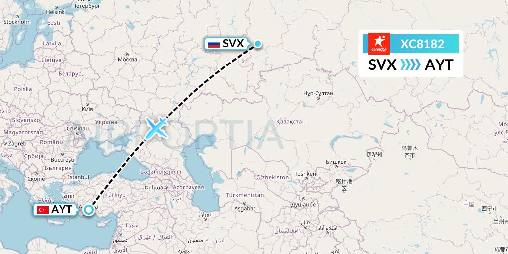 XC8182 Corendon Airlines Flight Map: Yekaterinburg to Antalya