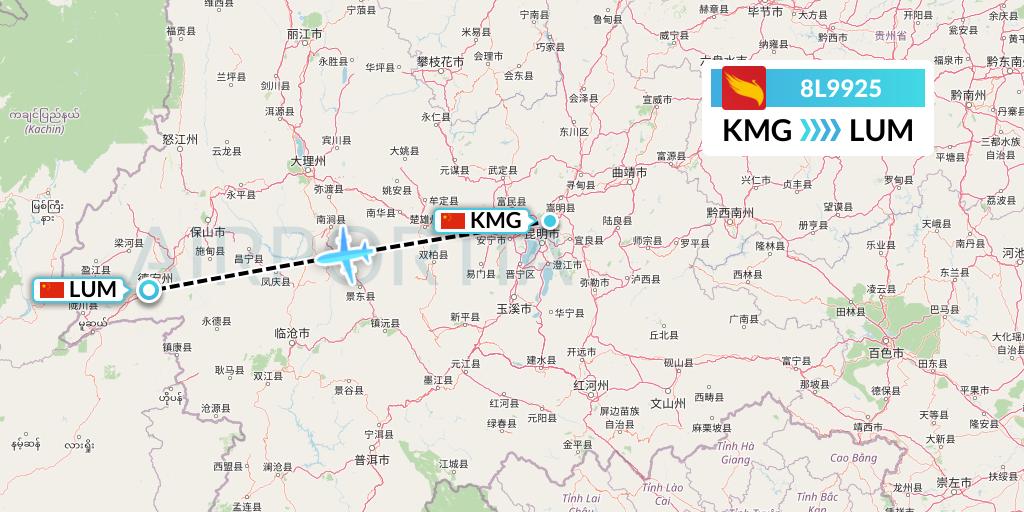 8L9925 Lucky Air Flight Map: Kunming to Mangshi