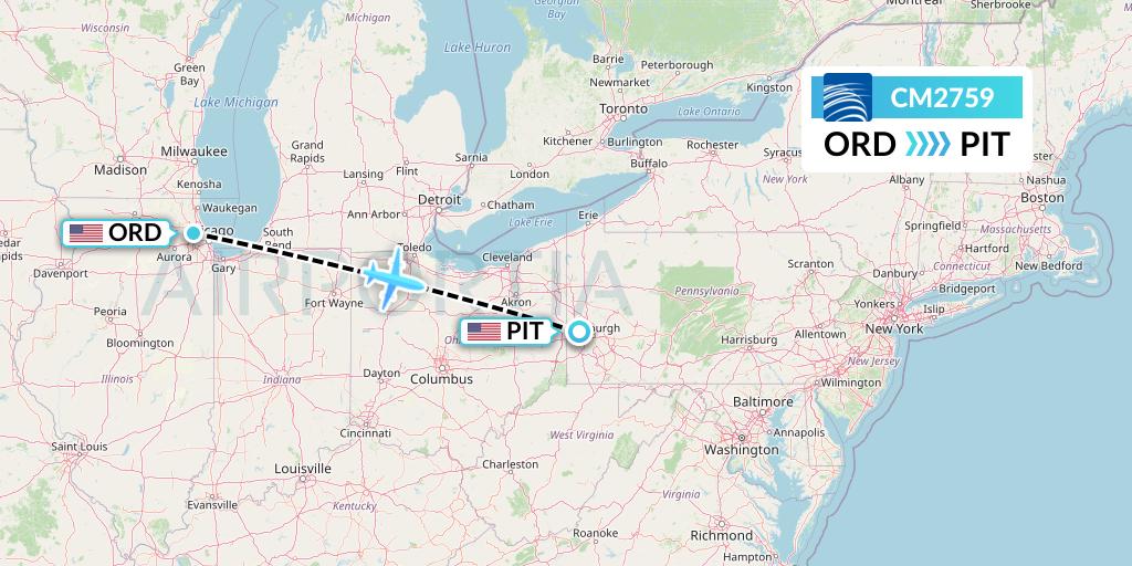 CM2759 Copa Airlines Flight Map: Chicago to Pittsburgh
