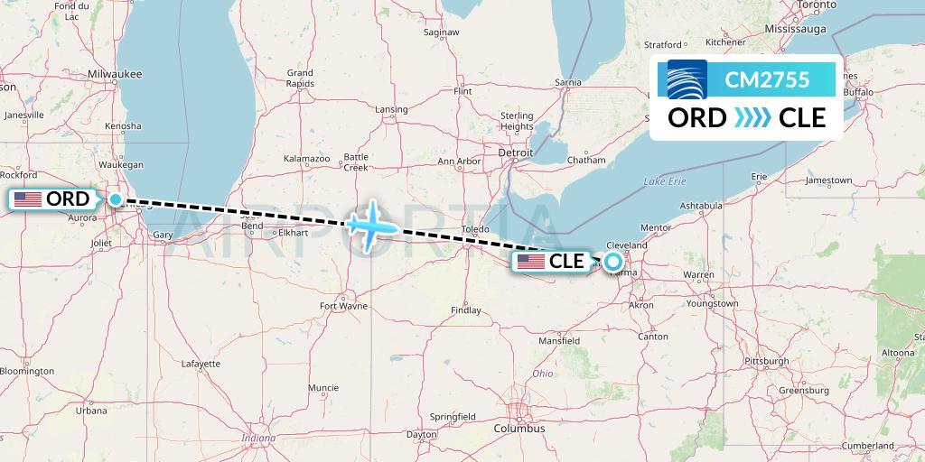 CM2755 Copa Airlines Flight Map: Chicago to Cleveland
