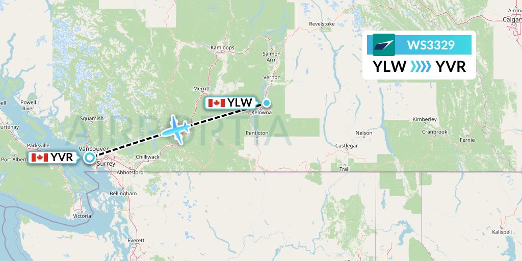 WS3329 WestJet Flight Map: Kelowna to Vancouver