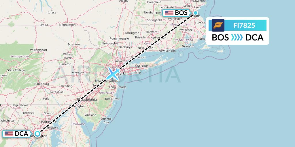 FI7825 Icelandair Flight Map: Boston to Washington