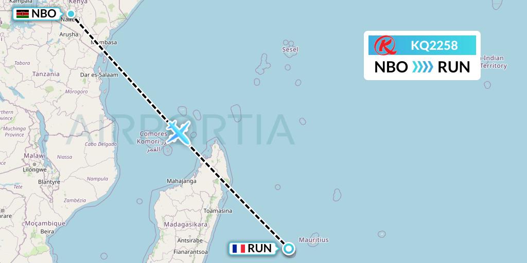 KQ2258 Kenya Airways Flight Map: Nairobi to Saint-Denis