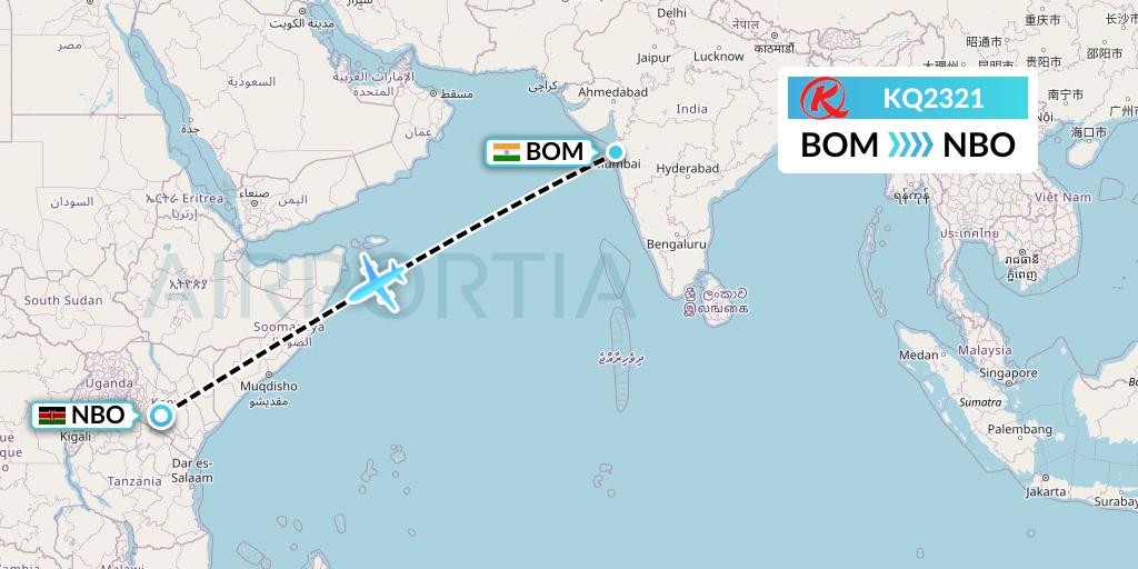 KQ2321 Kenya Airways Flight Map: Mumbai to Nairobi
