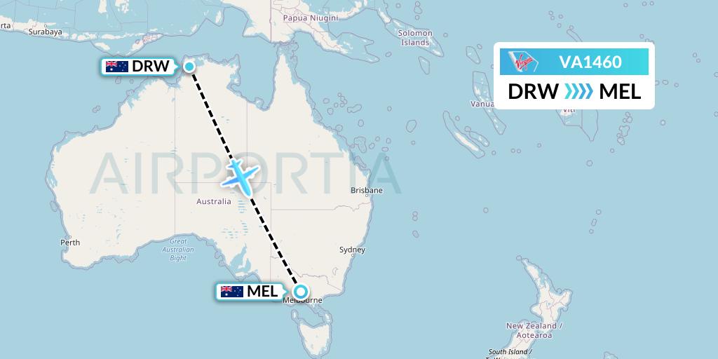 VA1460 Virgin Australia Flight Map: Darwin to Melbourne
