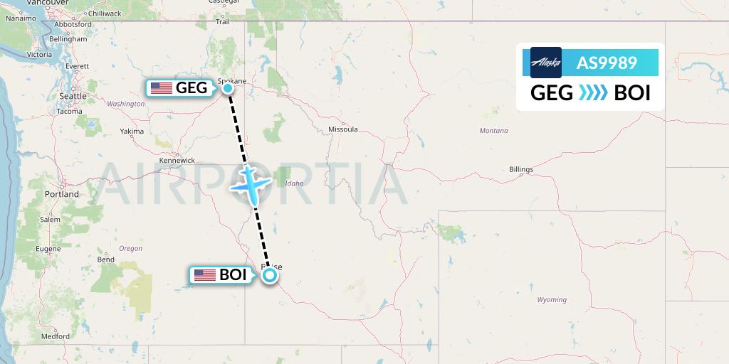 AS9989 Alaska Airlines Flight Map: Spokane to Boise