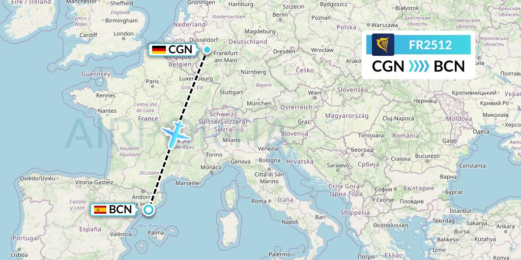 FR2512 Ryanair Flight Map: Cologne to Barcelona
