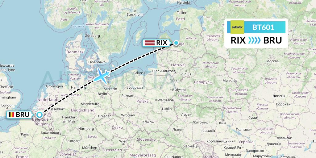 BT601 Air Baltic Flight Map: Riga to Brussels