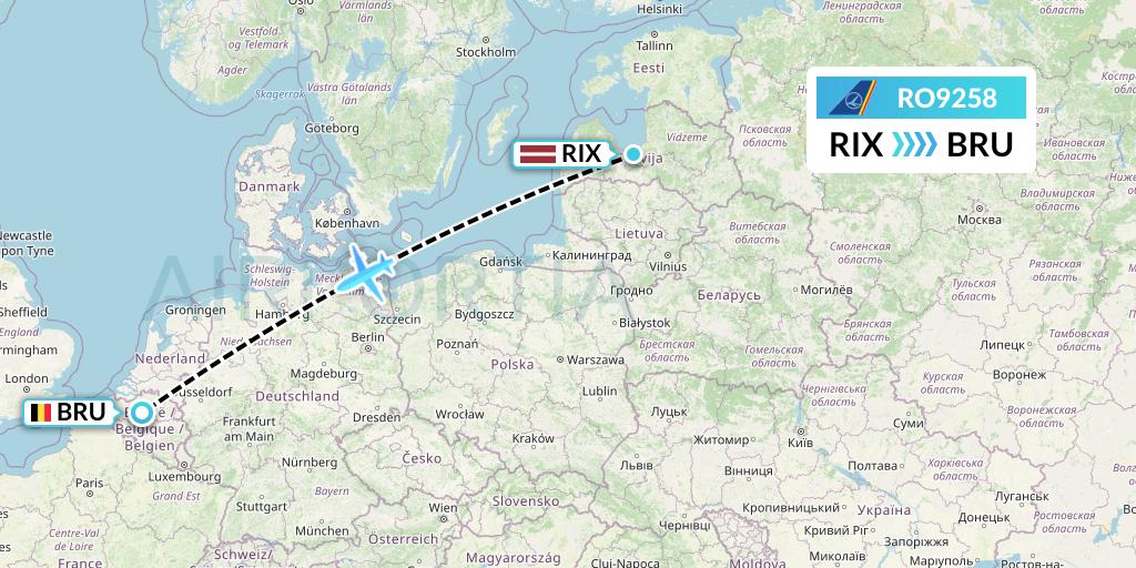 RO9258 Tarom Flight Map: Riga to Brussels