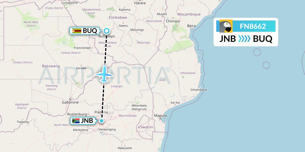 FN8662 Fastjet Flight Map: Johannesburg to Bulawayo