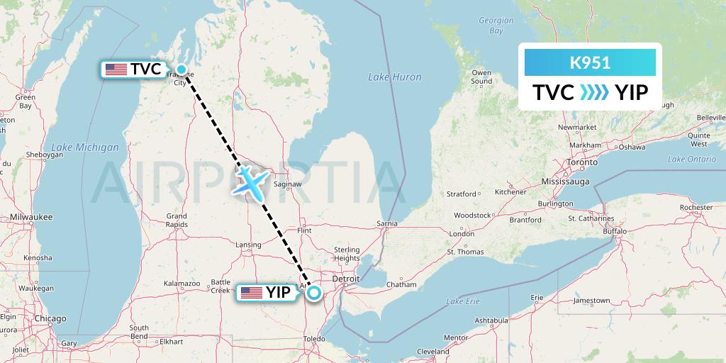 K951 Kalitta Charters Flight Map: Traverse City to Detroit