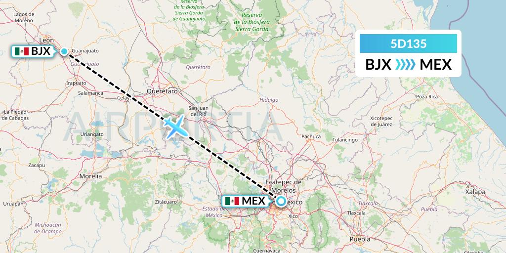 5D135 Aeromexico Connect Flight Map: Silao to Mexico City