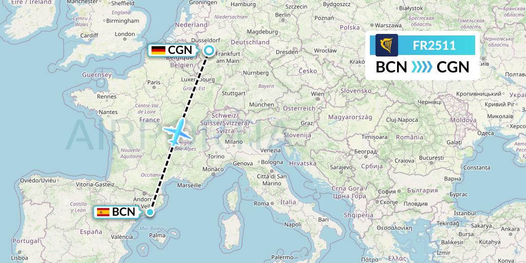 FR2511 Ryanair Flight Map: Barcelona to Cologne