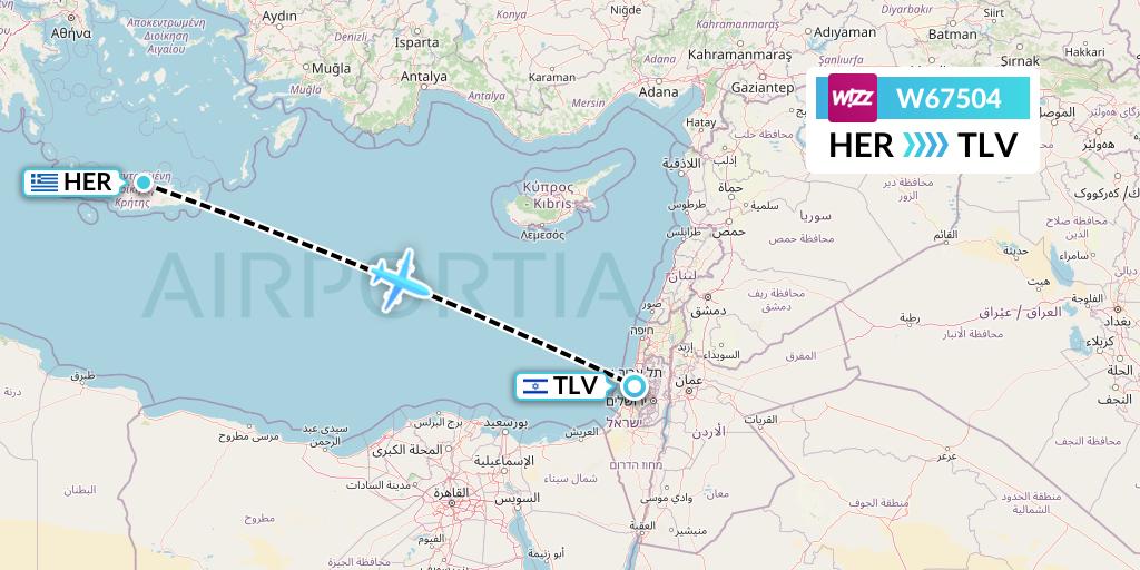 W67504 Wizz Air Flight Map: Heraklion to Tel Aviv