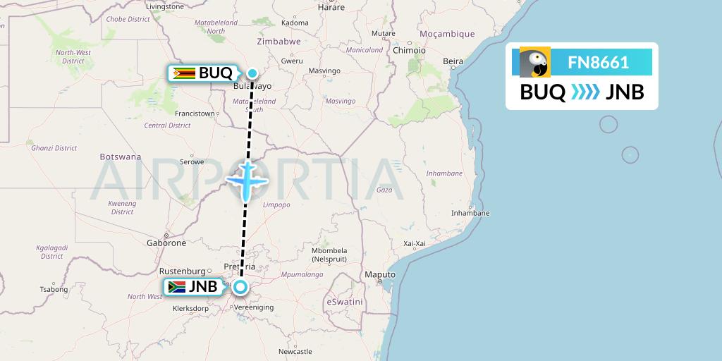 FN8661 Fastjet Flight Map: Bulawayo to Johannesburg