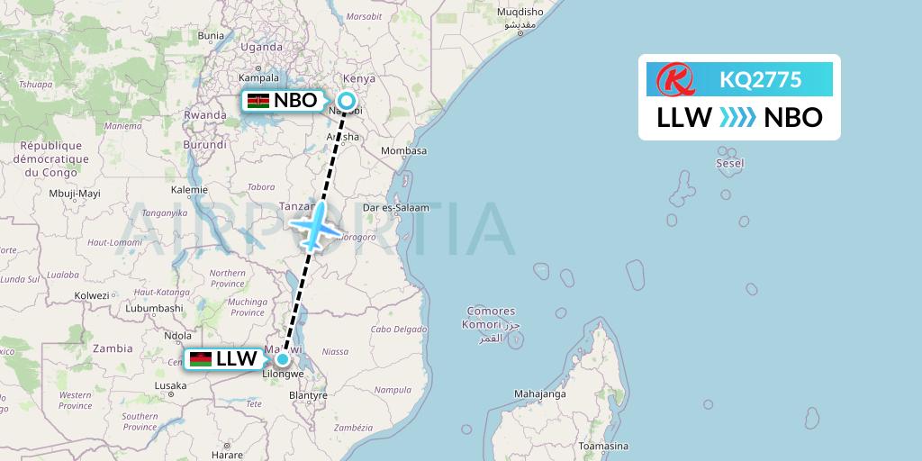 KQ2775 Kenya Airways Flight Map: Lilongwe to Nairobi